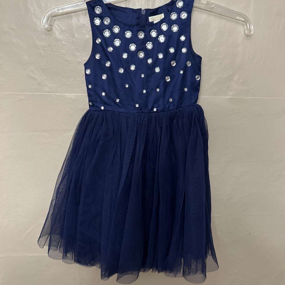 Little‎ Girls Size 6 Place 89 Navy Netted Flowy Dress Rhinestones